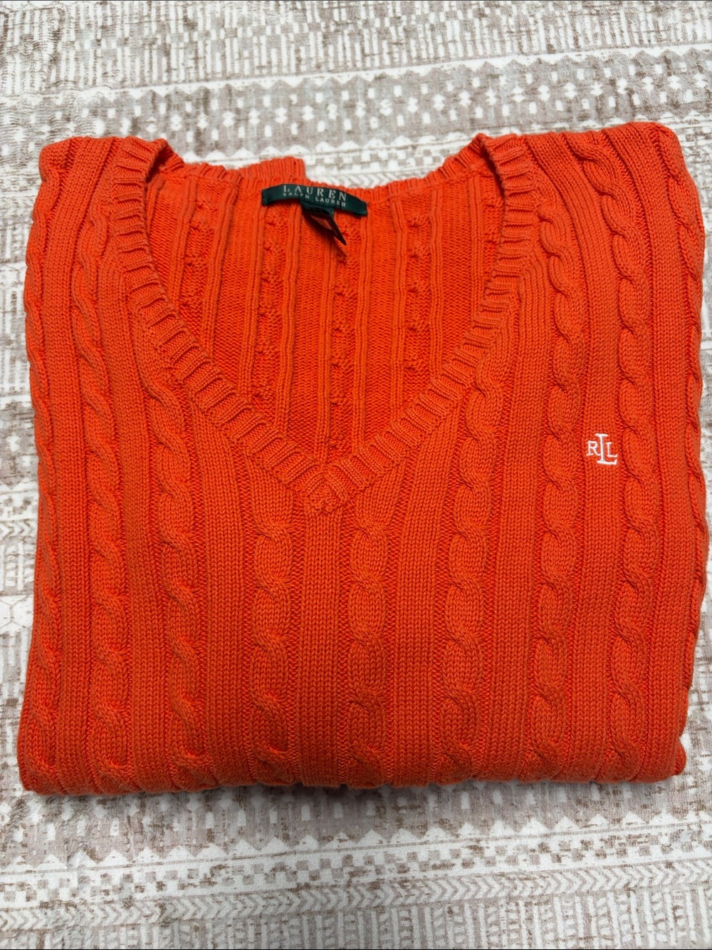Lauren Ralph Lauren Orange Cable-Knit V-Neck Sweater